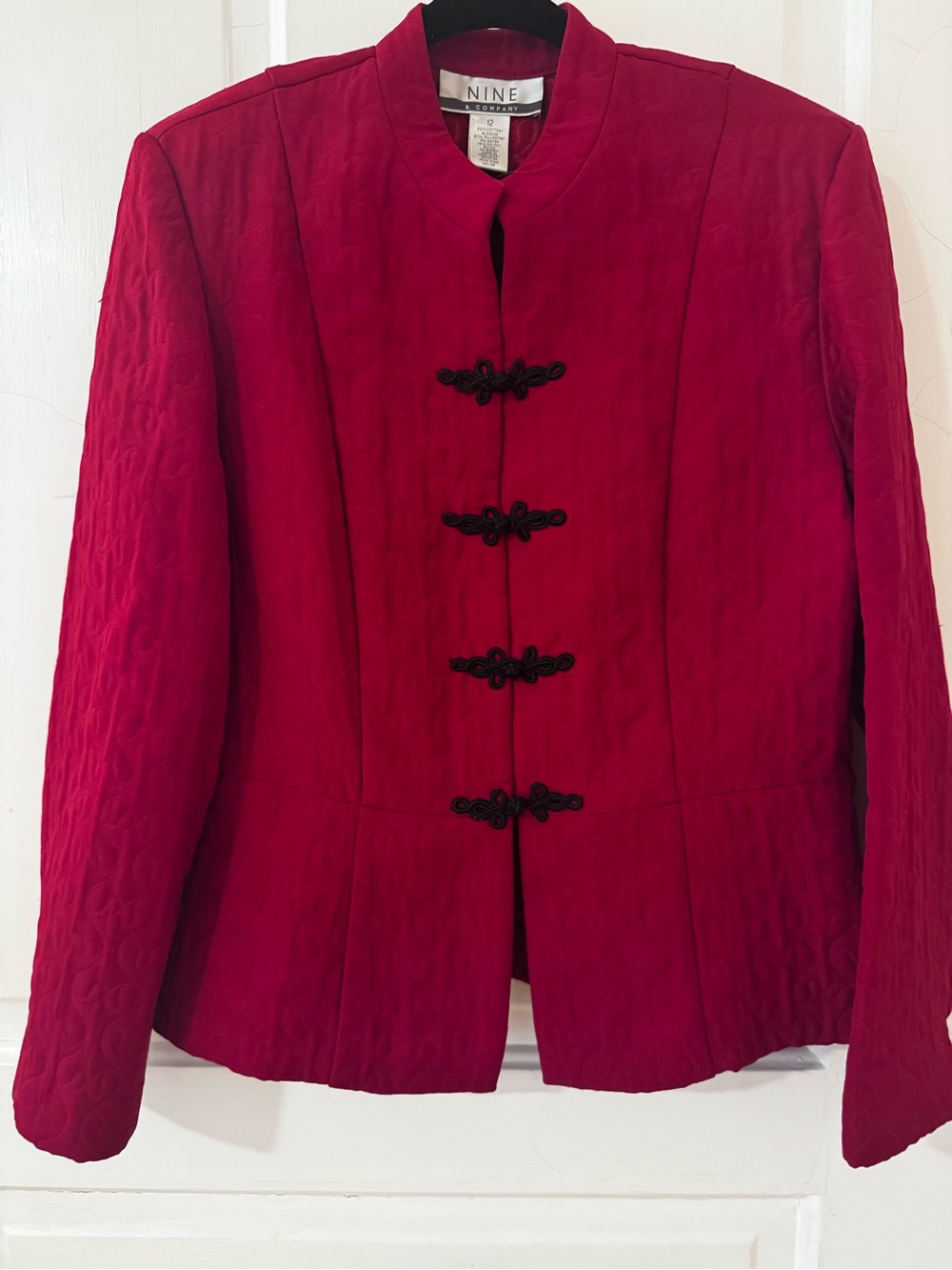 Nine West Crimson Mandarin Collar Blazer with Black Frog Closures